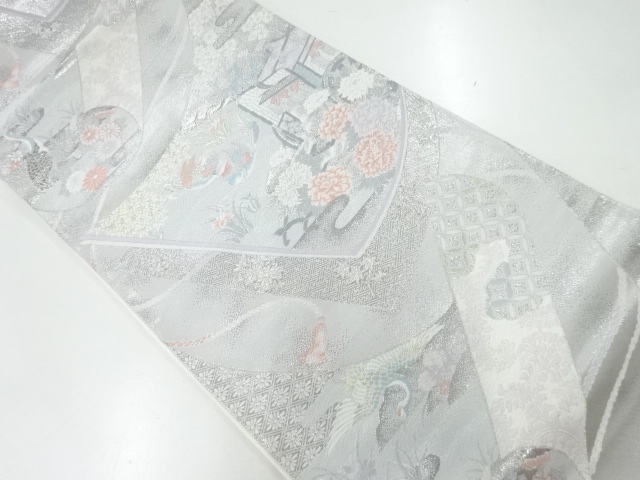 JAPANESE FUKURO OBI / PLATINUM FOIL / WOVEN FLOWER & BIRD